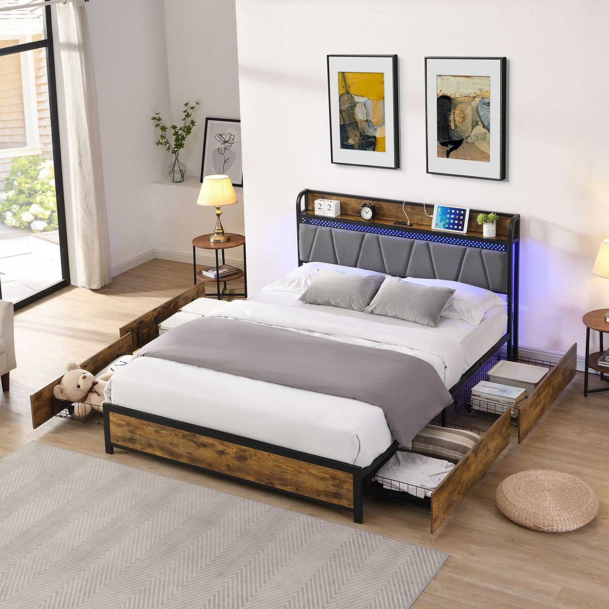 Queen Size Bed Frame, Storage Headboard with Charging Station and 4 Storage Drawers,LED Lights , Brown and Gray - luxuryhomedecoridea.com