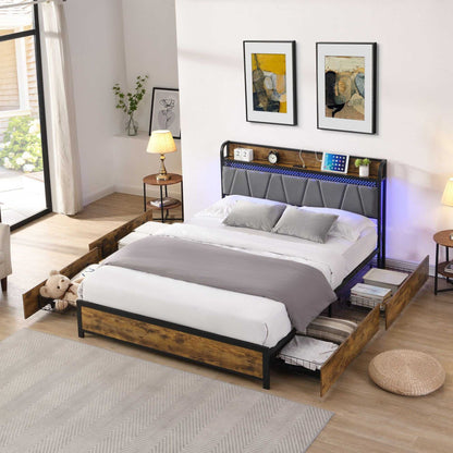 Queen Size Bed Frame, Storage Headboard with Charging Station and 4 Storage Drawers,LED Lights , Brown and Gray - luxuryhomedecoridea.com