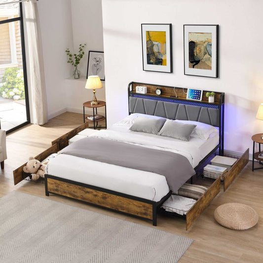 Queen Size Bed Frame, Storage Headboard with Charging Station and 4 Storage Drawers,LED Lights , Brown and Gray - luxuryhomedecoridea.com