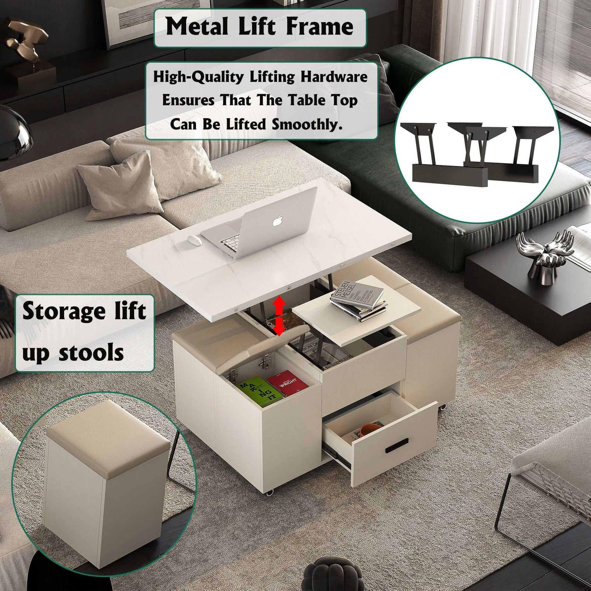 Modern Lift-Up Coffee Table with 4 Stools Set for Living Room Expandable 1 Hidden Storage + 2 Drawers Space Saving Folding Dining Table - luxuryhomedecoridea.com