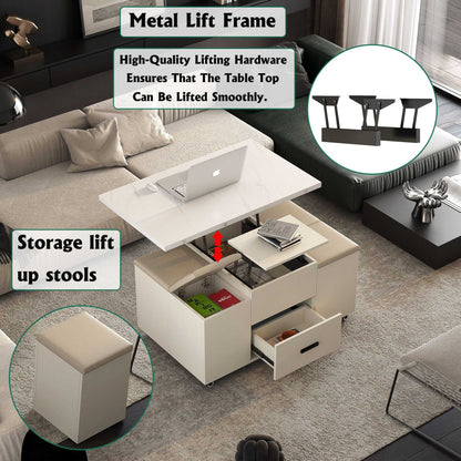 Modern Lift-Up Coffee Table with 4 Stools Set for Living Room Expandable 1 Hidden Storage + 2 Drawers Space Saving Folding Dining Table - luxuryhomedecoridea.com