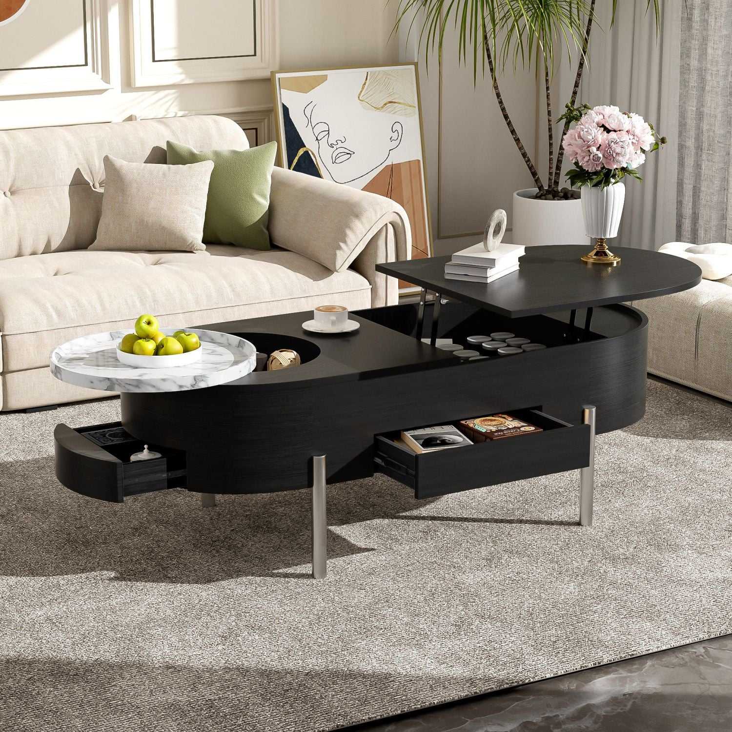 U-Can 47.2''Lift Top Coffee Table with 360-degree Marble-patterned rotating tray,Hidden Compartment, Partially Assembled Wooden Center Table, Modern Oval Lift Tabletop for Home Living Room - luxuryhomedecoridea.com