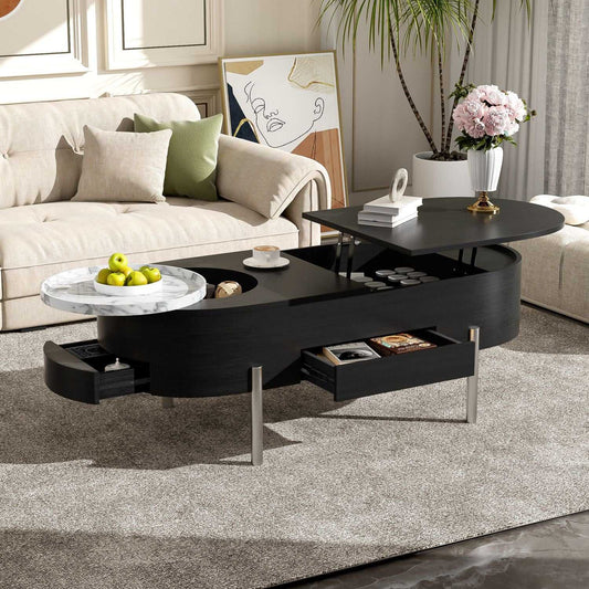 U-Can 47.2''Lift Top Coffee Table with 360-degree Marble-patterned rotating tray,Hidden Compartment, Partially Assembled Wooden Center Table, Modern Oval Lift Tabletop for Home Living Room - luxuryhomedecoridea.com