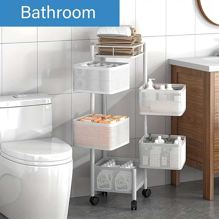 Rotating Kitchen Storage Shelf 5 Tier, Metal Fruit Vegetable Storage Basket Multi-Layer Vegetable Rack Storage Trolley on Wheels, Floor-Standing Basket for Kitchen Bathroom, Square - luxuryhomedecoridea.com