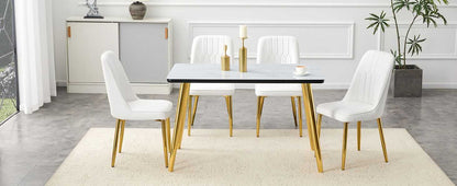 Table and chair set.Table and chair set.White imitation marble texture glass top + lower black MDF board,silver metal legs.Paired with 4 WHITE chairs with PU artificial leather backrest cushions. - luxuryhomedecoridea.com