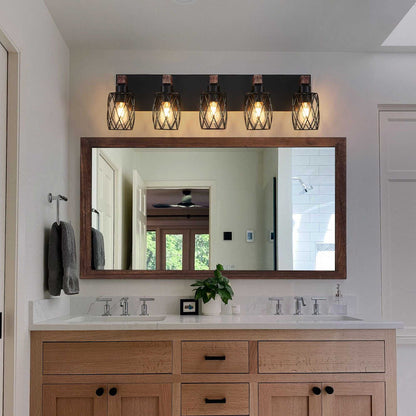 31" Industrial Vintage 5-Light Wall Sconce - Black Cage Wall Lighting Fixture with Wooden Accents for Bathroom, Hallway, or Living Room (Bulb Not Included) - luxuryhomedecoridea.com