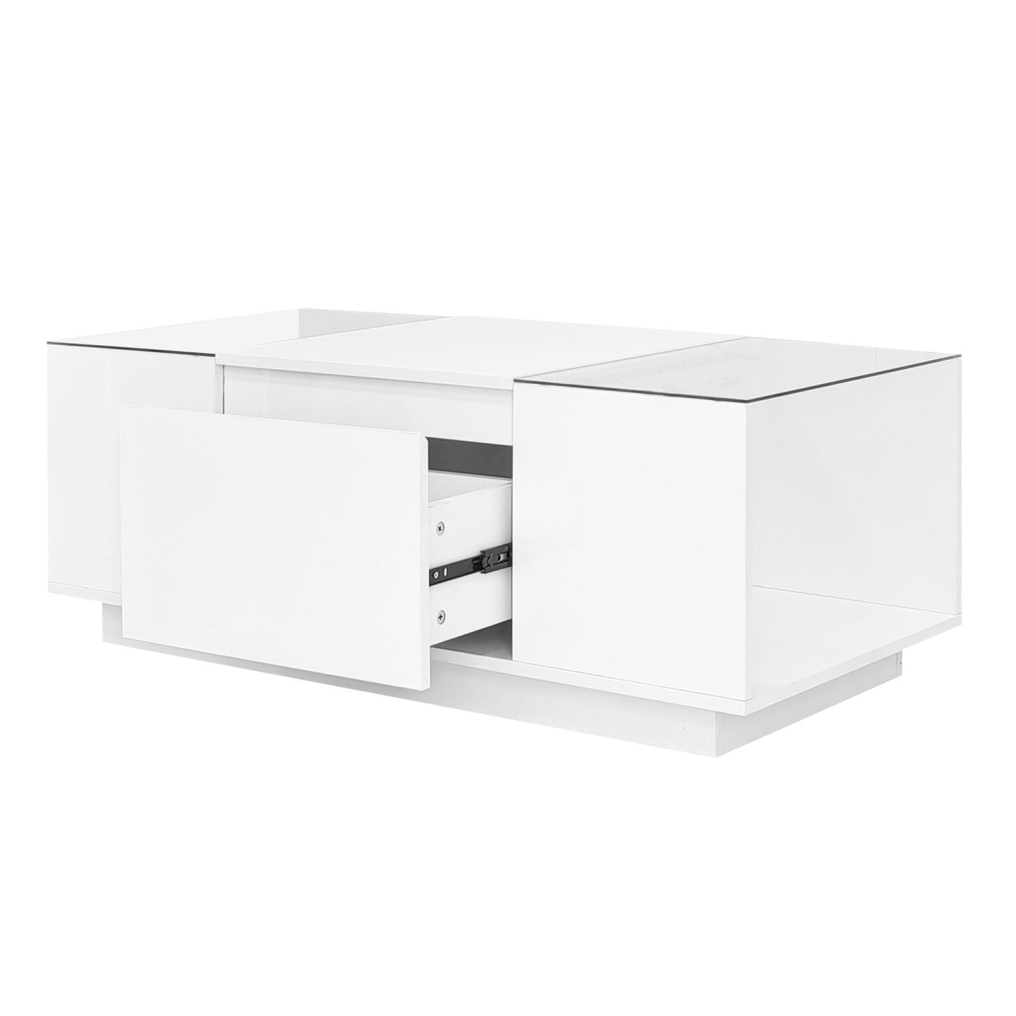 U-Can Led Coffee Table, Modern Center Table with High-Gloss Finish and Glass Tabletop, Coffee Table with Open Storage Compartment and 2 Hidden Drawers for Living Room - luxuryhomedecoridea.com