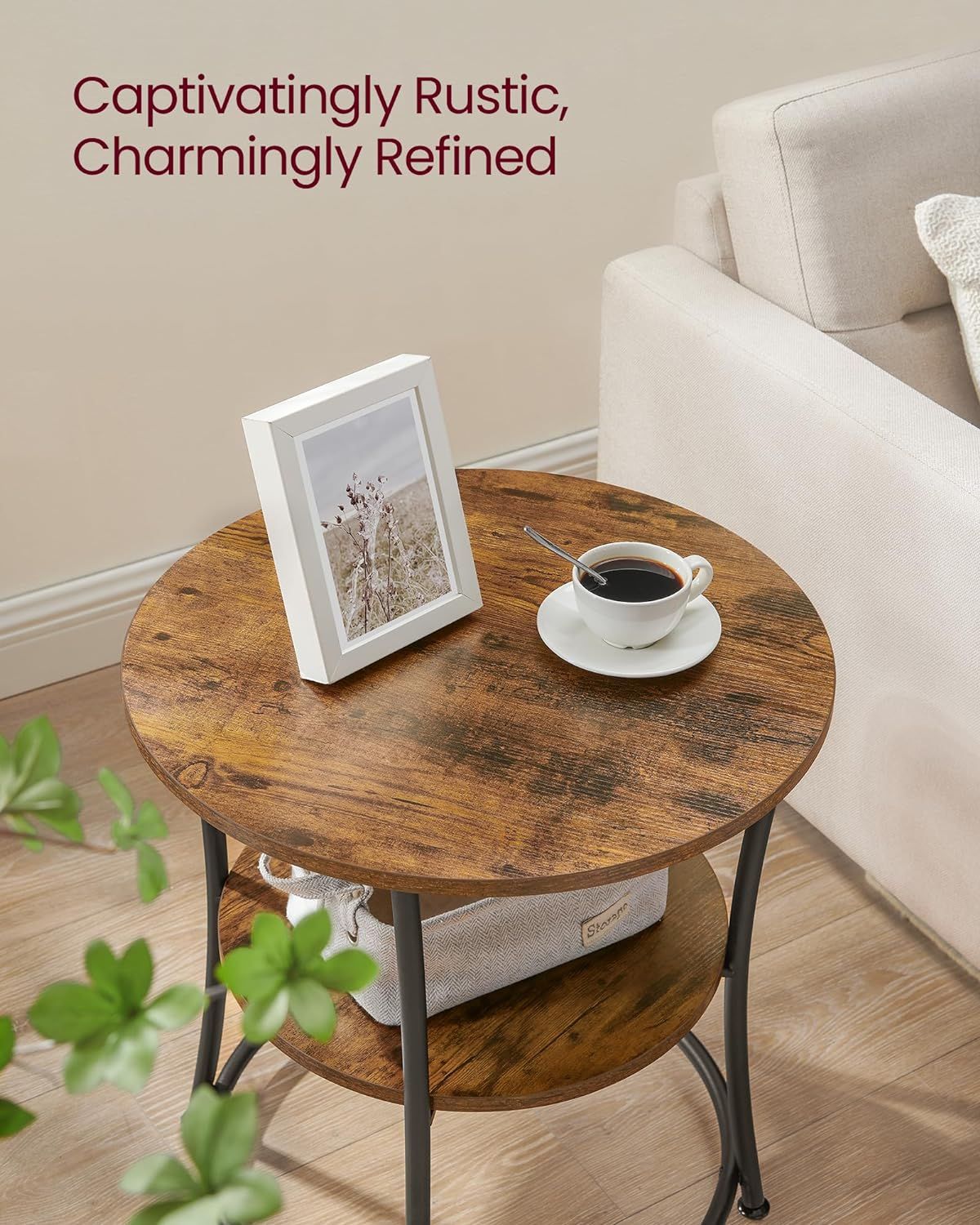 2-Tier End Table, Nightstand with Steel Frame, Spacious Top, for Small Spaces, Living Room, Bedroom, Rustic Brown and Ink Black - luxuryhomedecoridea.com