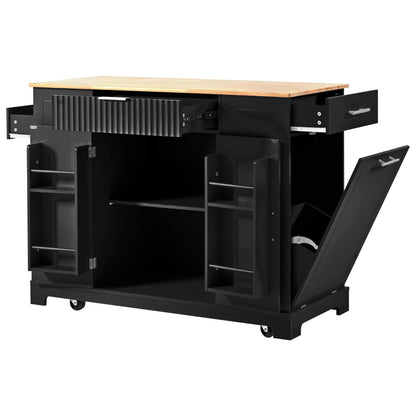 Fluted Kitchen Island with Trash Can Storage Cabinet, Power Outlet, Internal Storage Rack, Rolling Kitchen Islands on 5 Wheels with 3 Drawer, 3 Open Side Racks for 10 Gallon Garbage Bin - luxuryhomedecoridea.com