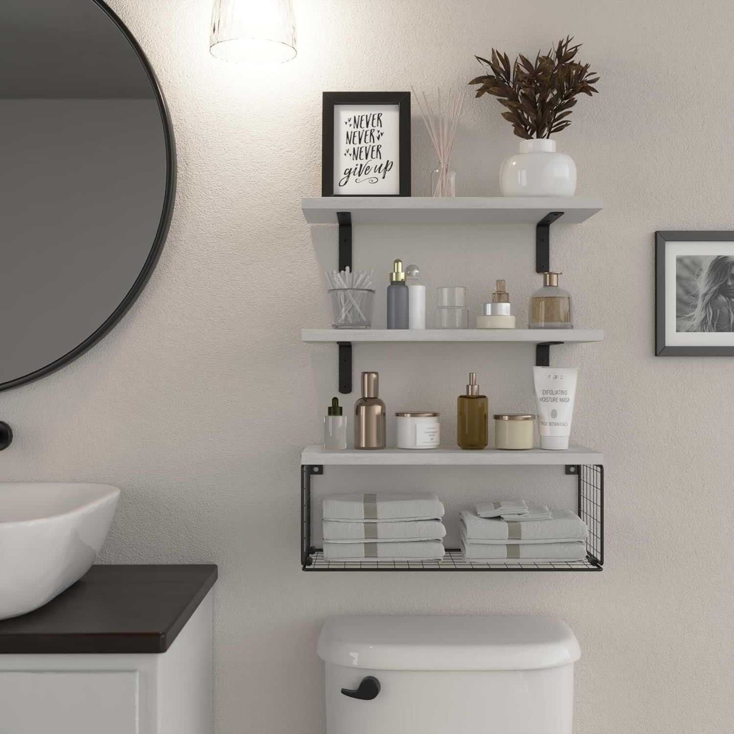 Bathroom Shelf Over Toilet, Floating Bathroom Shelf Wall Mounted with Wire Basket, Floating Shelf for Wall Décor - luxuryhomedecoridea.com