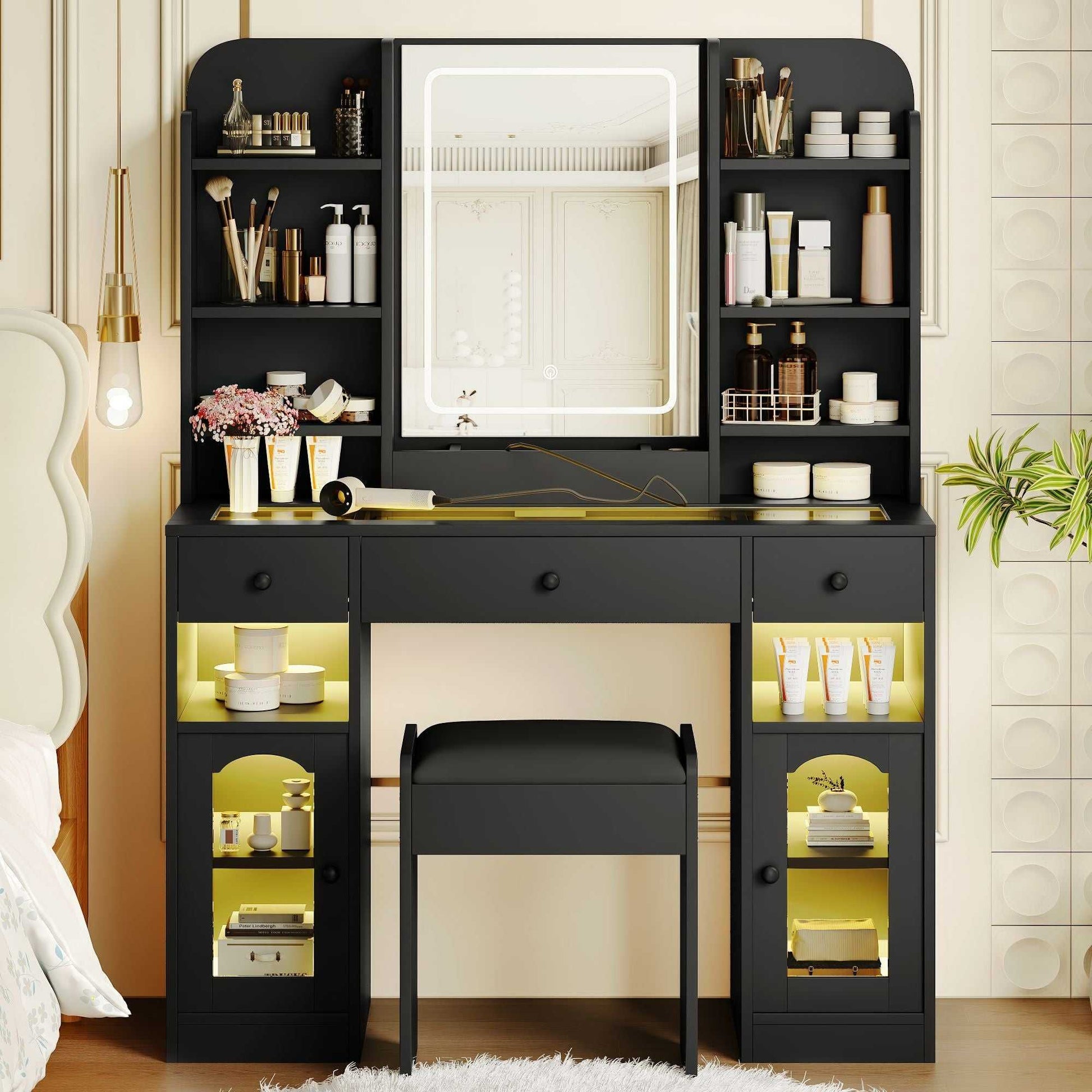 43.2" Vanity Desk with LED Mirror and Lights, Glass Top Vanity with RGB Glass Light Cabinets, Dressing Table with 3 Drawers ,Storage Shelves and Stool for Bedroom - luxuryhomedecoridea.com