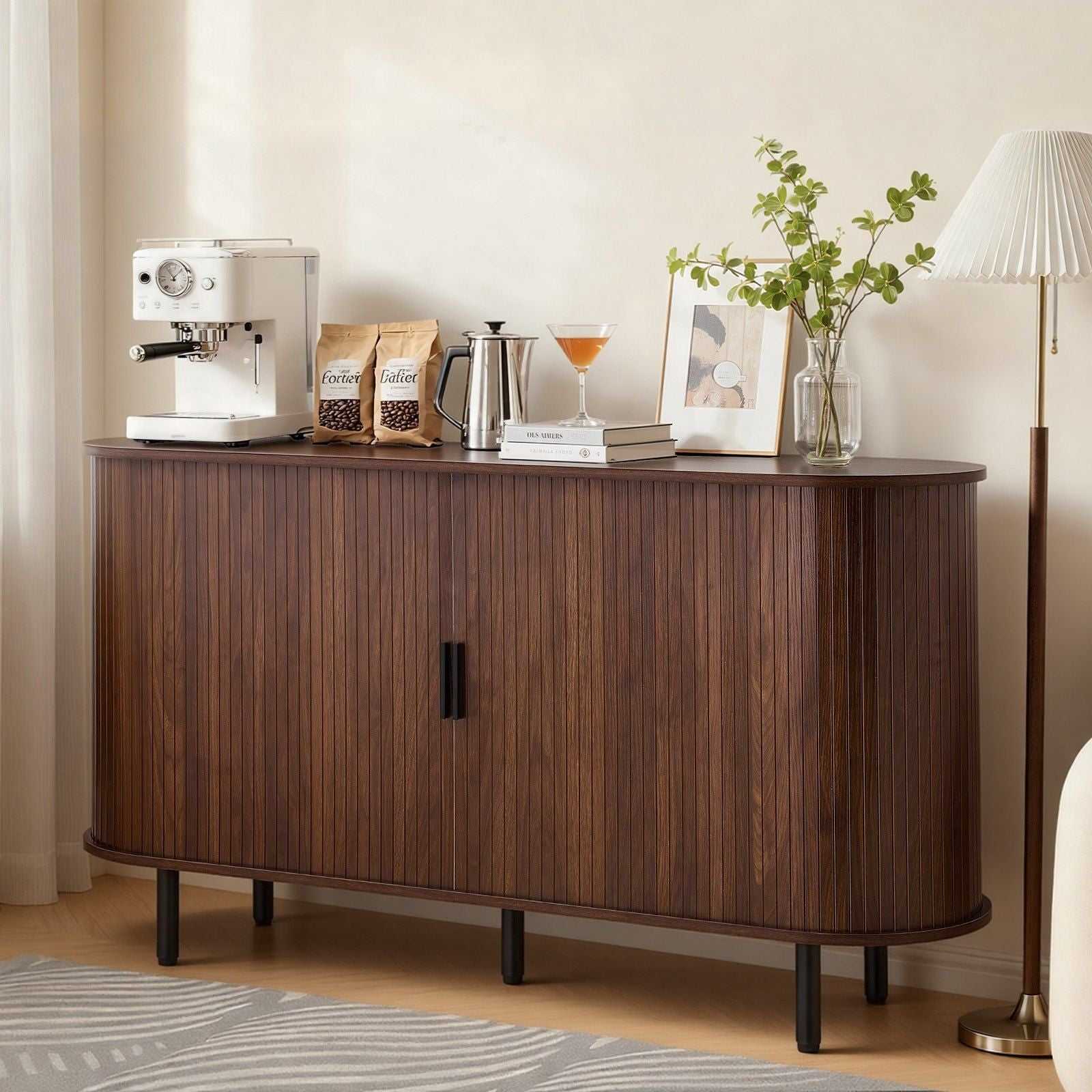 Coffee Bar Cabinet, Mid Century Fluted Coffee Bar Table, Buffet Stand Cabinet with 2 Sliding Doors, Sideboard Buffet Station for Living Room, Entryway, Kitchen, 55.1 x 15.7 x 29.5 in, Walnut - luxuryhomedecoridea.com