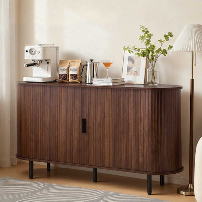 Coffee Bar Cabinet, Mid Century Fluted Coffee Bar Table, Buffet Stand Cabinet with 2 Sliding Doors, Sideboard Buffet Station for Living Room, Entryway, Kitchen, 55.1 x 15.7 x 29.5 in, Walnut - luxuryhomedecoridea.com