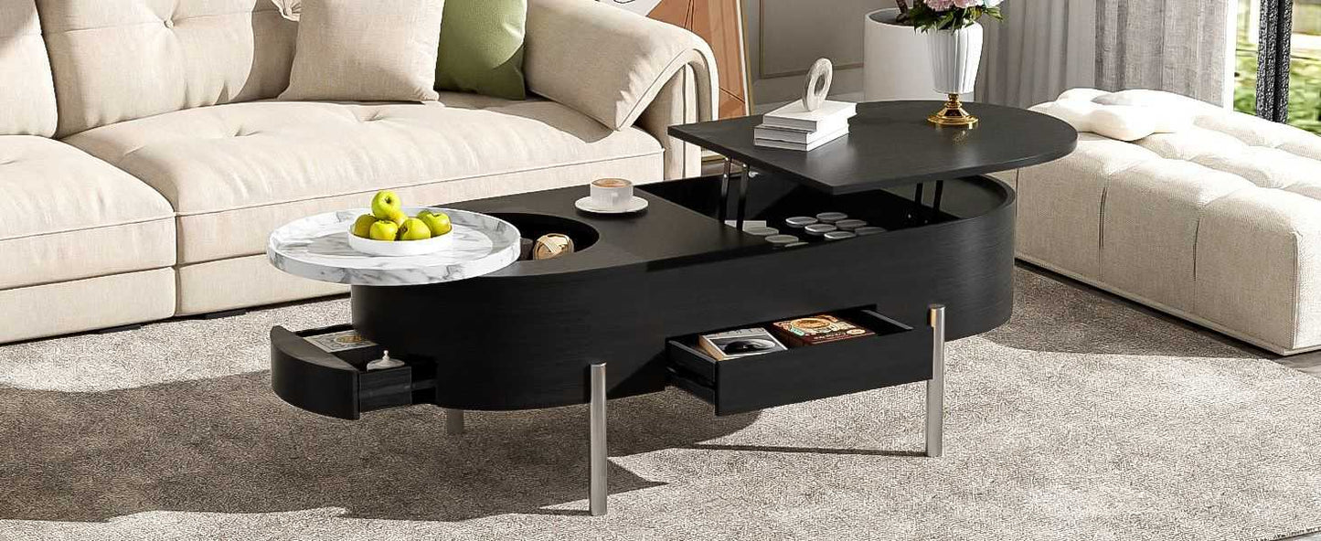 U-Can 47.2''Lift Top Coffee Table with 360-degree Marble-patterned rotating tray,Hidden Compartment, Partially Assembled Wooden Center Table, Modern Oval Lift Tabletop for Home Living Room - luxuryhomedecoridea.com