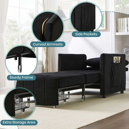 Upholstered Convertible Sleeper Sofa, 31.5" Pull Out Sofa Bed with 5-Position Adjustable Backrest, Side Pockets and a Storage Basket, Fold Out Chair Bed, Lounger For Living Room, Apartment, Black - luxuryhomedecoridea.com