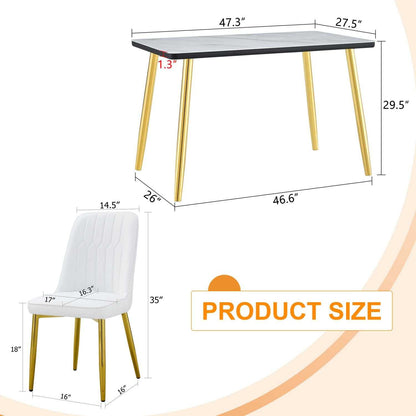 Table and chair set.Table and chair set.White imitation marble texture glass top + lower black MDF board,silver metal legs.Paired with 4 WHITE chairs with PU artificial leather backrest cushions. - luxuryhomedecoridea.com