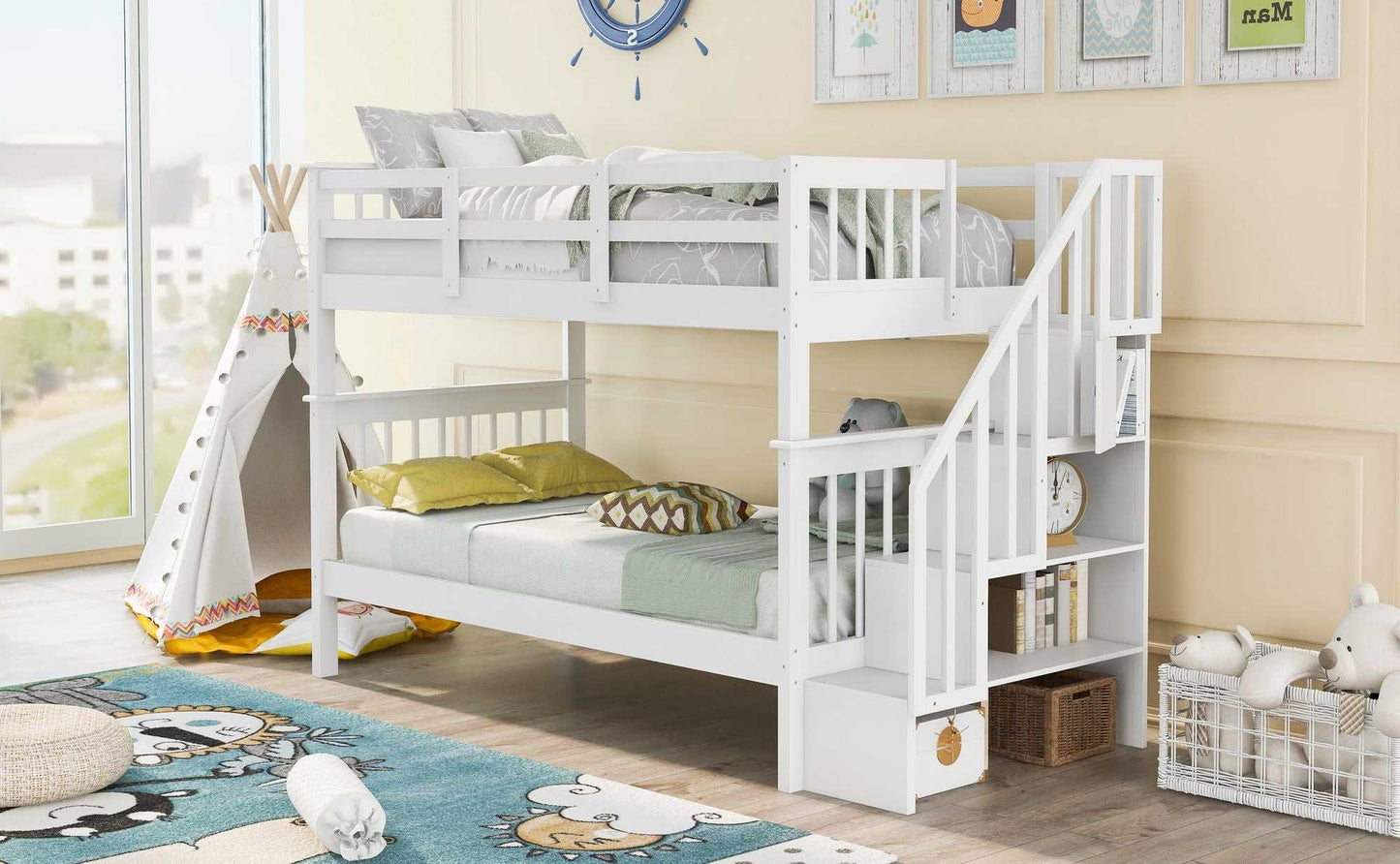 Stairway Twin-Over-Twin Bunk Bed with Storage and Guard Rail for Bedroom, Dorm - luxuryhomedecoridea.com