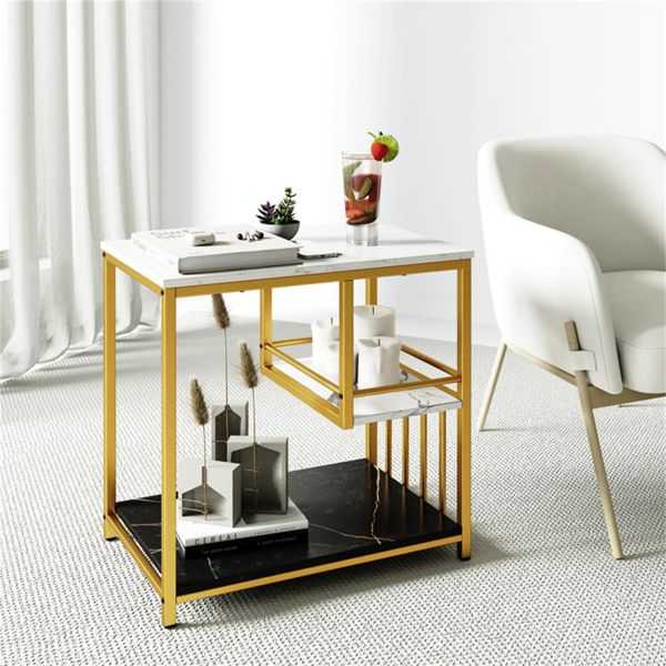 3-Tier Side Table with Marble Top & Gold Frame, Modern 23.5" End Table for Living Room Bedroom - luxuryhomedecoridea.com