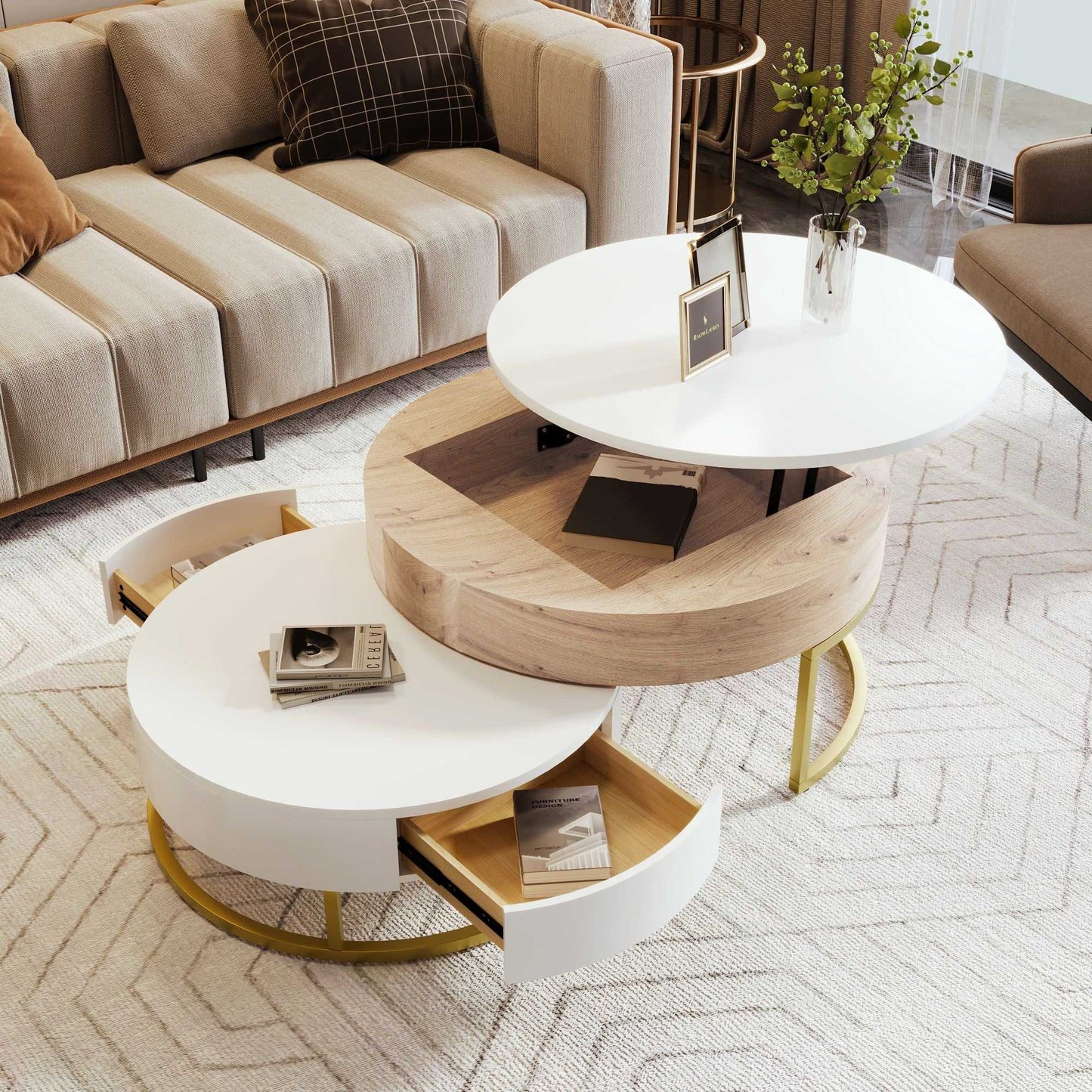 Modern Round Lift-top Nesting Coffee Tables with 2 Drawers - luxuryhomedecoridea.com