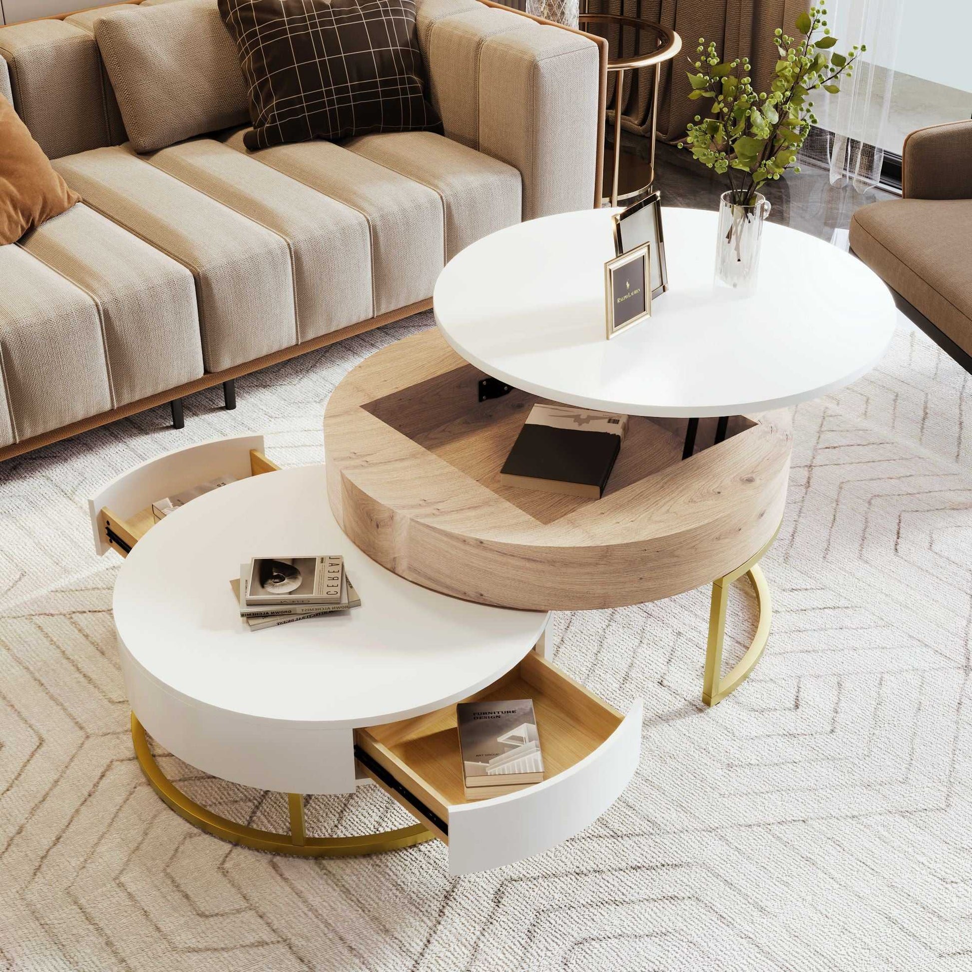 Modern Round Lift-top Nesting Coffee Tables with 2 Drawers - luxuryhomedecoridea.com