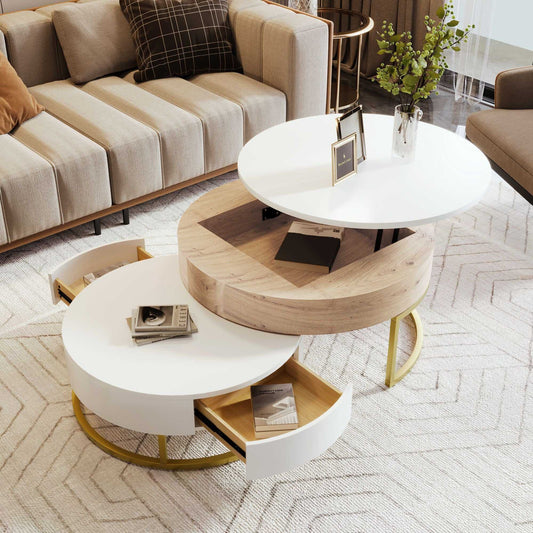 Modern Round Lift-top Nesting Coffee Tables with 2 Drawers - luxuryhomedecoridea.com