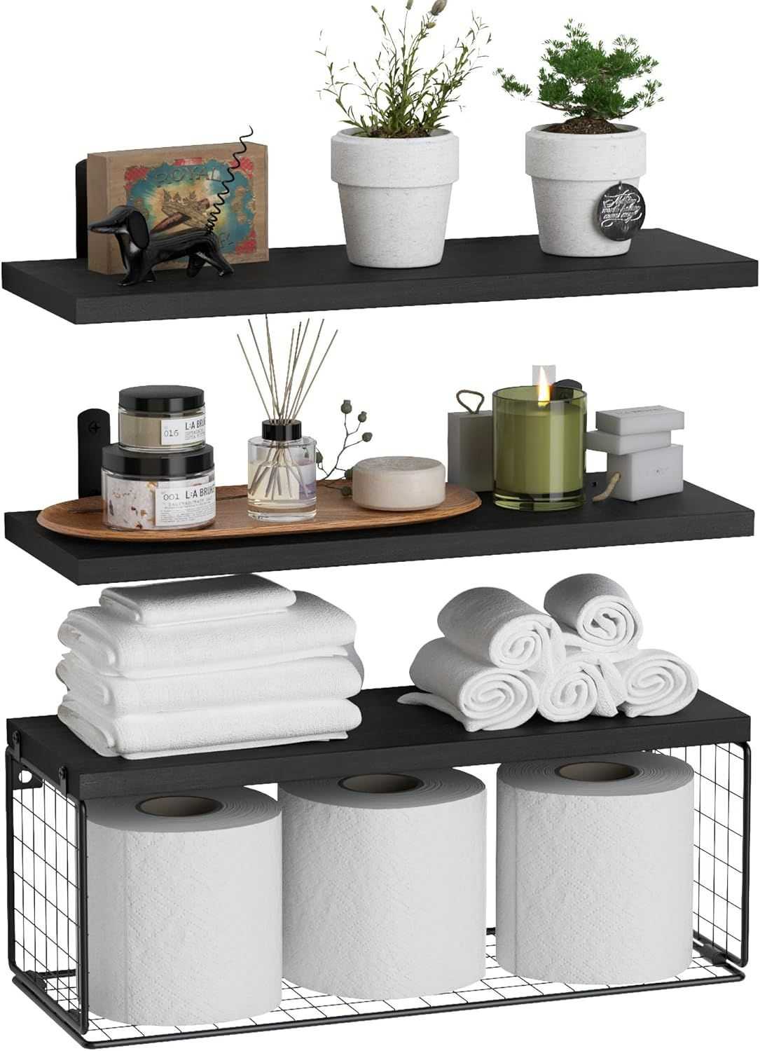 Bathroom Shelf Over Toilet, Floating Bathroom Shelf Wall Mounted with Wire Basket, Floating Shelf for Wall Décor - luxuryhomedecoridea.com
