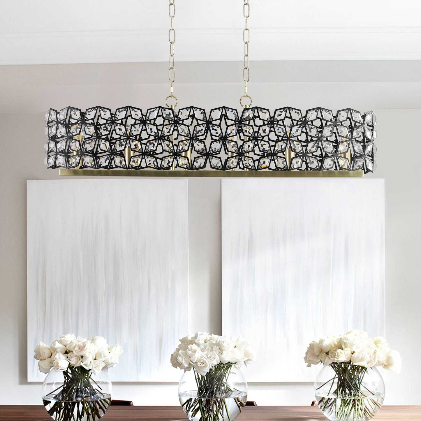 39" Contemporary Crystal and BlackGold Pendant Chandelier – Geometric Modern Light Fixture for Dining Room, Kitchen, or Living Room (Bulb Not Included) - luxuryhomedecoridea.com
