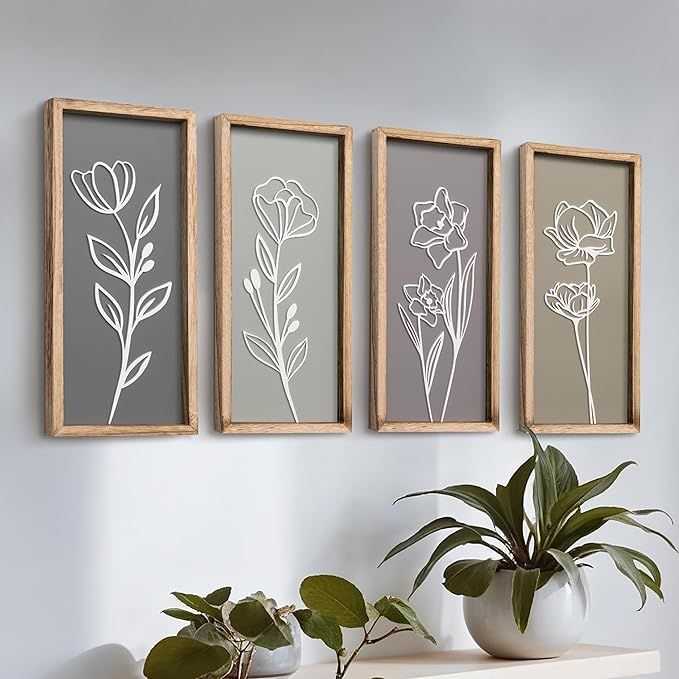 3D Wooden Bathroom Wall Decor (Set of 4) Lightweight, Ready-to-Hang Framed Wall Art For Living Room, Bedroom, or Office - Premium Boho Botanical Farmhouse Decorations - Gift-Boxed - luxuryhomedecoridea.com