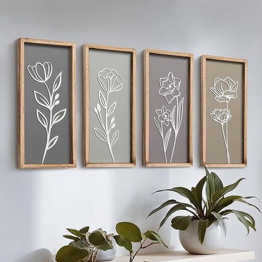 3D Wooden Bathroom Wall Decor (Set of 4) Lightweight, Ready-to-Hang Framed Wall Art For Living Room, Bedroom, or Office - Premium Boho Botanical Farmhouse Decorations - Gift-Boxed luxury home decor