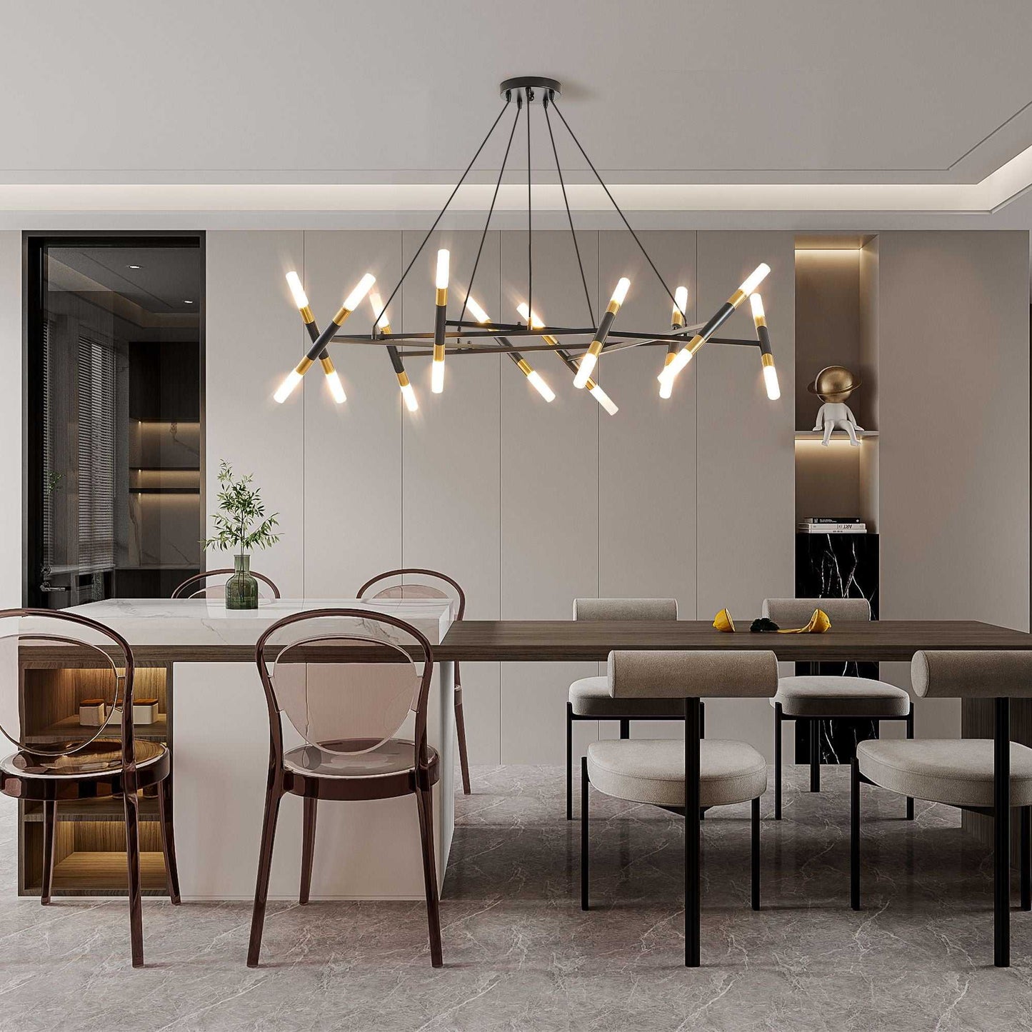 41" Black & Golden Modern Chandelier Light Fixture, Branch Design with Frosted Tubes, Black Cords, Adjustable Height Pendant Light for Dining Room, Living Room, or Kitchen Island (Bulb Not Included) - luxuryhomedecoridea.com