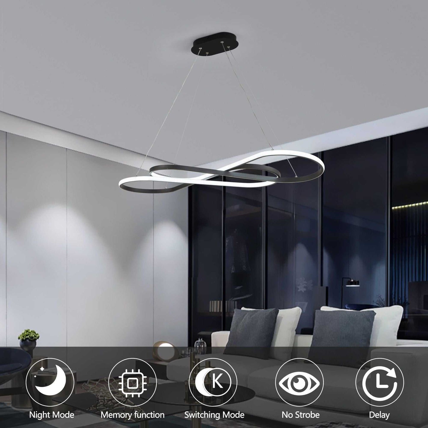 39" Modern LED Pendant Light, Infinity Design Hanging Ceiling Fixture, Adjustable Height, Dimmable for Living Room, Dining Room, Bedroom, Black Finish - luxuryhomedecoridea.com