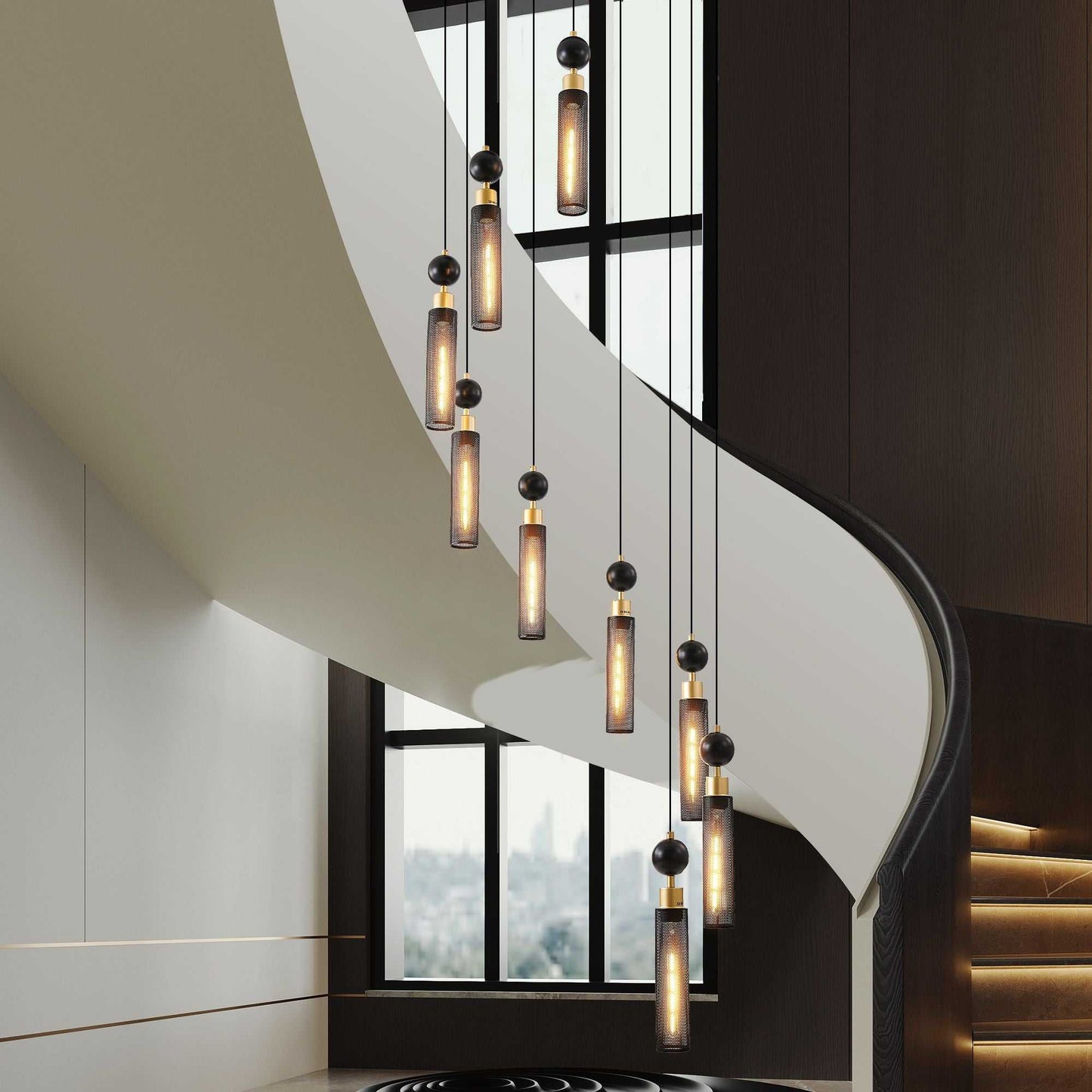 24" Modern Industrial Multi-Light Pendant Chandelier - 9-Light Black and Gold Adjustable Ceiling Light Fixture with Mesh Cylinder Shades for Living Room, Dining Room, or Staircase (Bulb Not Included) - luxuryhomedecoridea.com