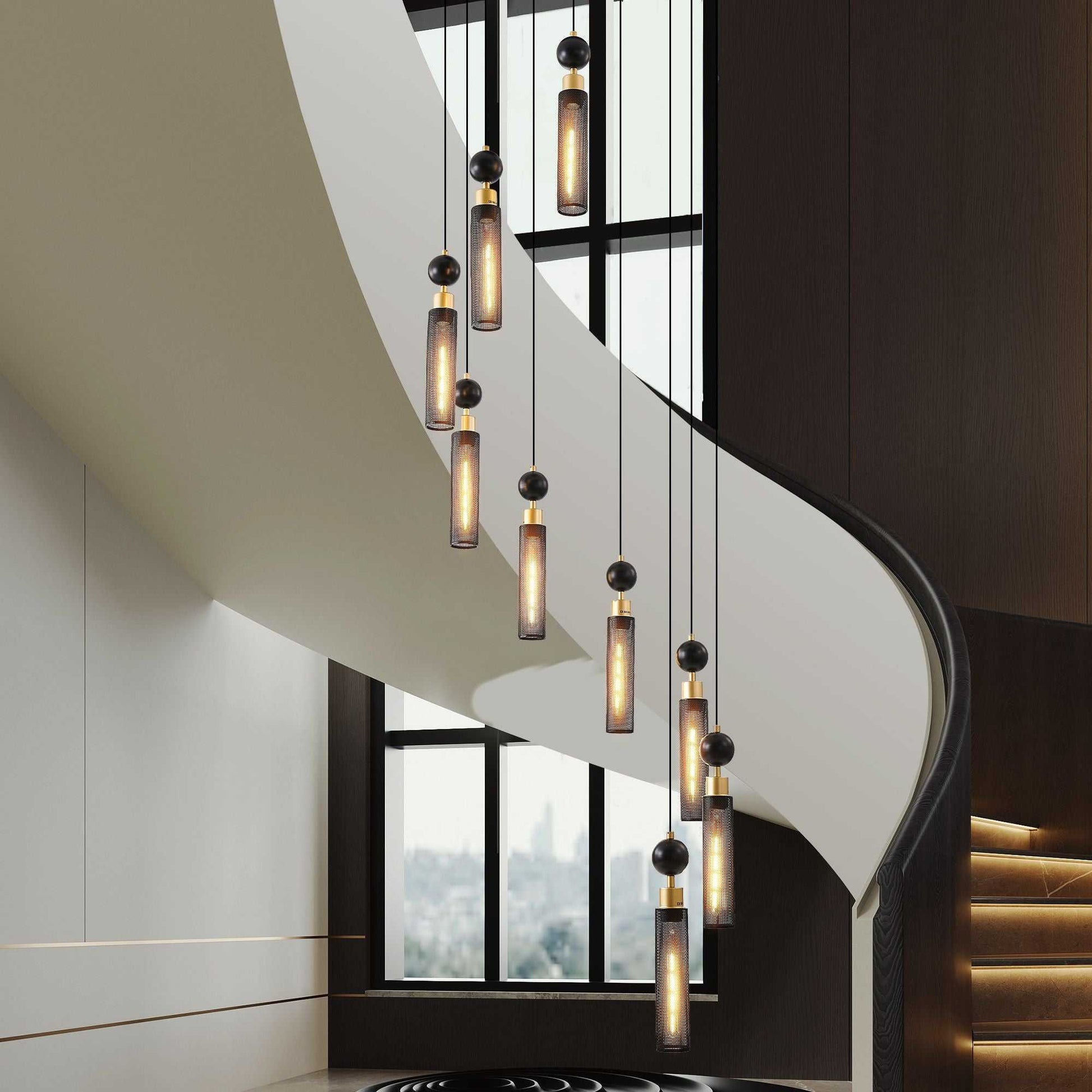 24" Modern Industrial Multi-Light Pendant Chandelier - 9-Light Black and Gold Adjustable Ceiling Light Fixture with Mesh Cylinder Shades for Living Room, Dining Room, or Staircase (Bulb Not Included) - luxuryhomedecoridea.com