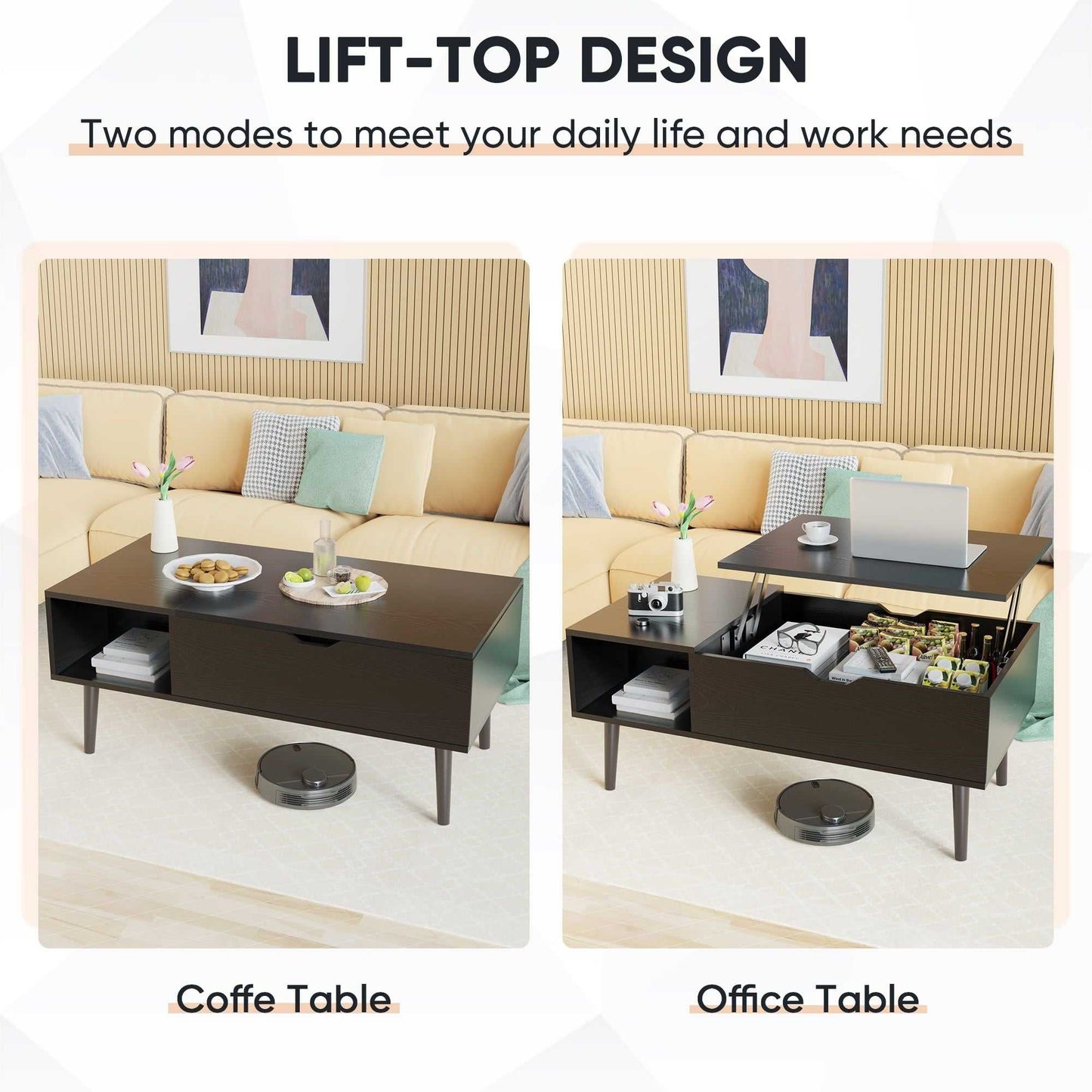 Modern Lift-Top Coffee Table with Storage and Hidden Compartment, Brown/Black - luxuryhomedecoridea.com