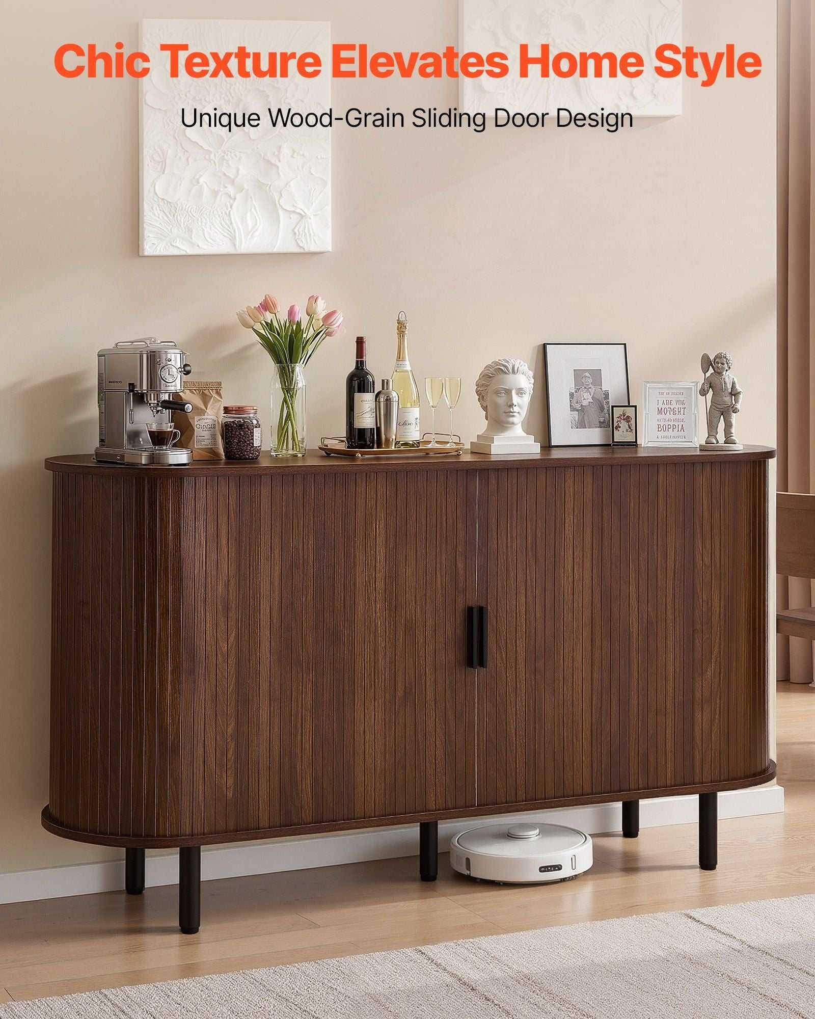 Coffee Bar Cabinet, Mid Century Fluted Coffee Bar Table, Buffet Stand Cabinet with 2 Sliding Doors, Sideboard Buffet Station for Living Room, Entryway, Kitchen, 55.1 x 15.7 x 29.5 in, Walnut - luxuryhomedecoridea.com