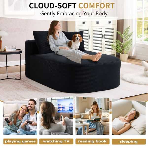 67.5''Chaise Lounge Chair 46'' Wide Seat Indoor Corduroy Oversized Sleeper Sofa for Living Room Deep Seat Lounge and Two Soft Pillows Convertible Boneless Sofa Bed, Black,No Assembly Required - luxuryhomedecoridea.com