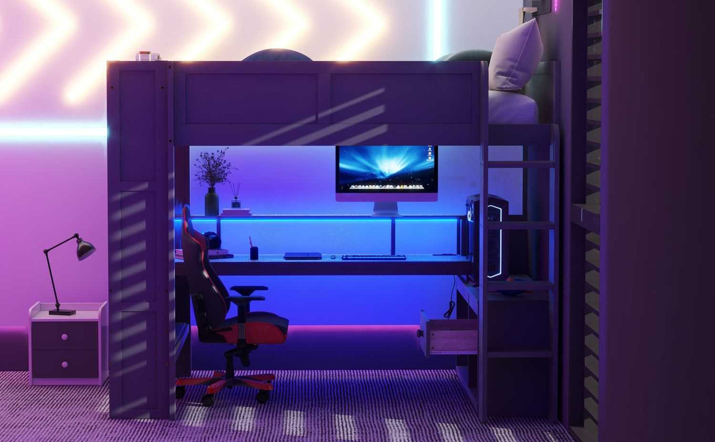 Wood Full Size Gaming Loft Bed with Desk, Multi-storage Shelves, LED and Charging Station, Dark Gray(Old SKU:SM000374AAE) - luxuryhomedecoridea.com