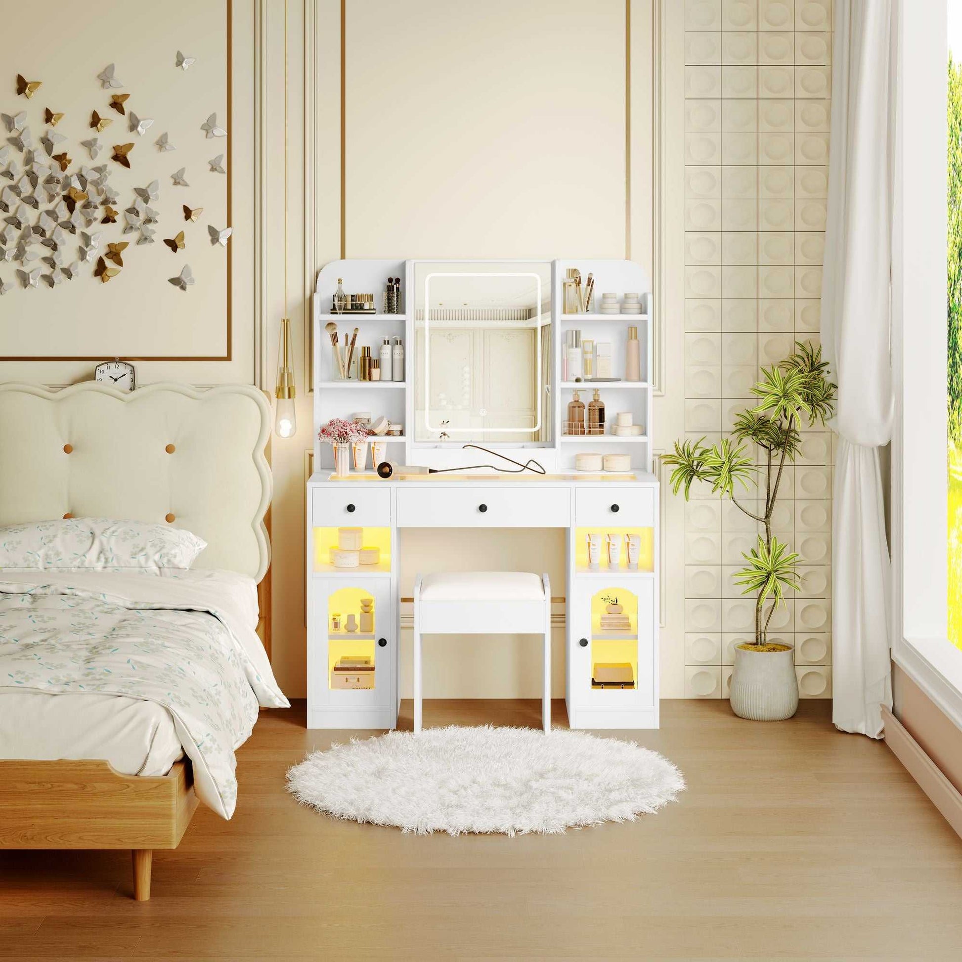 43.2" Vanity Desk with LED Mirror and Lights, Glass Top Vanity with RGB Glass Light Cabinets, Dressing Table with 3 Drawers ,Storage Shelves and Stool for Bedroom - luxuryhomedecoridea.com