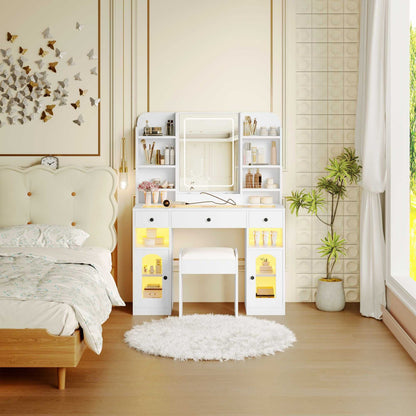 43.2" Vanity Desk with LED Mirror and Lights, Glass Top Vanity with RGB Glass Light Cabinets, Dressing Table with 3 Drawers ,Storage Shelves and Stool for Bedroom - luxuryhomedecoridea.com