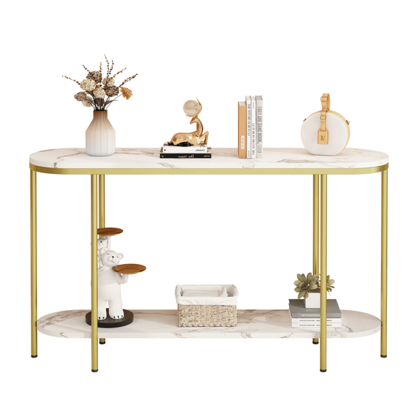 2-Tier Oval Console Table, White Faux Marble Top with Gold Metal Frame, Modern Entryway Table with Open Shelf, 42.1"×11.4"×30.5" Narrow Sofa Table for Hallway, Living Room & Foyer - luxuryhomedecoridea.com