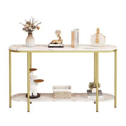 2-Tier Oval Console Table, White Faux Marble Top with Gold Metal Frame, Modern Entryway Table with Open Shelf, 42.1"×11.4"×30.5" Narrow Sofa Table for Hallway, Living Room & Foyer - luxuryhomedecoridea.com