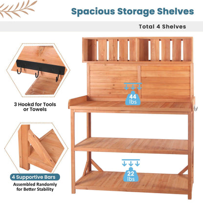 65" Large Wooden Farmhouse Rustic Outdoor Potting Bench Table; Patio Workstation; Garden Potting Bench with 4 Storage Shelves and Side Hook - luxuryhomedecoridea.com