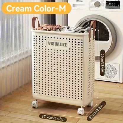 Collapsible Laundry Basket with Wheels, Medium-Large White Ceramic Look Hamper with Faux Leather Handles, Portable and Durable Clothes Storage Bin for Bathroom, Balcony, and Home Organization - luxuryhomedecoridea.com