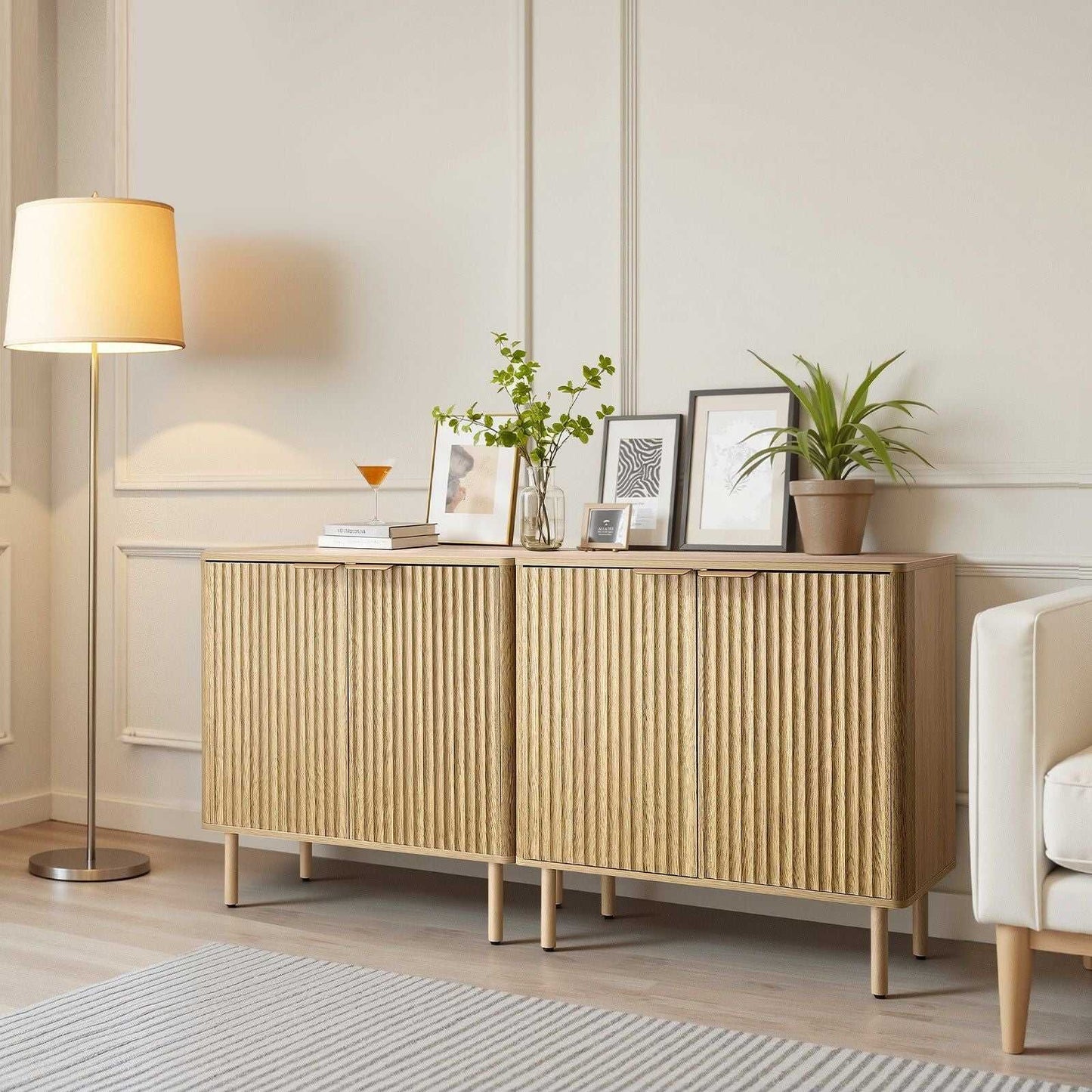 Coffee Bar Cabinet, Mid Century Fluted Coffee Bar Table with 2-Tier Storage, Buffet Stand Cabinet with 4 Barn Doors, Sideboard Buffet Station for Living Room, Entryway, 31.5x14.7x31.5 in(Single) - luxuryhomedecoridea.com