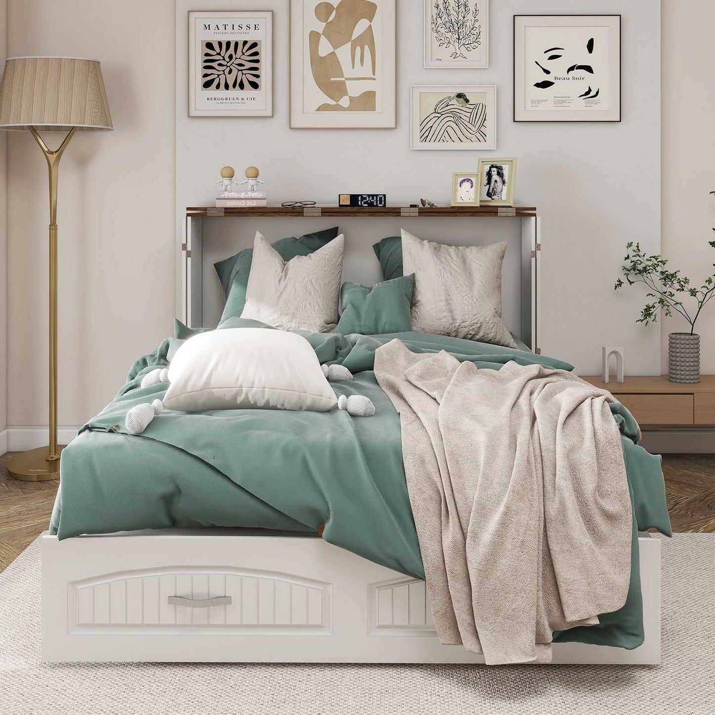 Queen Size Murphy Bed Frame with Drawers Murphy Chest Bed with Charging Station, 2 USB Ports Mobile Murphy Bed Sleeping Arrangement for Multipurpose Area for Bedroom Living Room Guest Room White&Wood - luxuryhomedecoridea.com