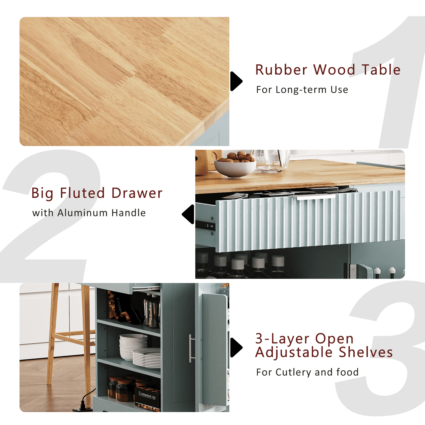 Fluted Kitchen Island with Trash Can Storage Cabinet, Power Outlet, Internal Storage Rack, Rolling Kitchen Islands on 5 Wheels with 3 Drawer, 3 Open Side Racks for 10 Gallon Garbage Bin - luxuryhomedecoridea.com