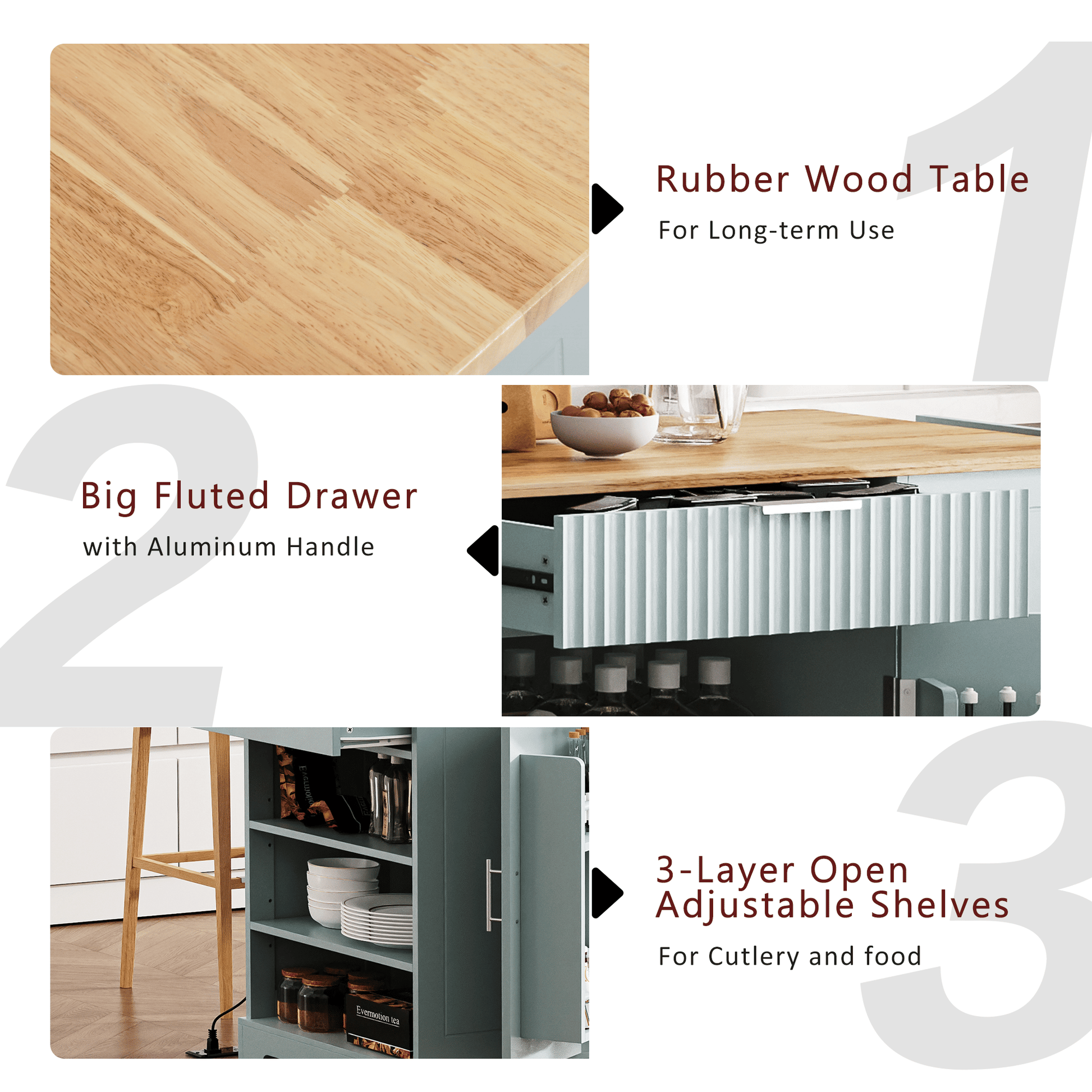 Fluted Kitchen Island with Trash Can Storage Cabinet, Power Outlet, Internal Storage Rack, Rolling Kitchen Islands on 5 Wheels with 3 Drawer, 3 Open Side Racks for 10 Gallon Garbage Bin - luxuryhomedecoridea.com