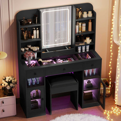 43.2" Vanity Desk with LED Mirror and Lights, Glass Top Vanity with RGB Glass Light Cabinets, Dressing Table with 3 Drawers ,Storage Shelves and Stool for Bedroom - luxuryhomedecoridea.com