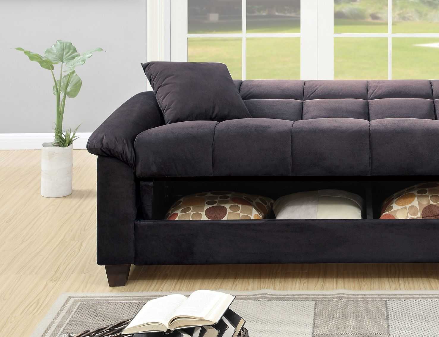 Contemporary Living Room Adjustable Sofa Ebony Microfiber Couch Plush Storage Couch 1pc Futon Sofa w Pillows - luxuryhomedecoridea.com