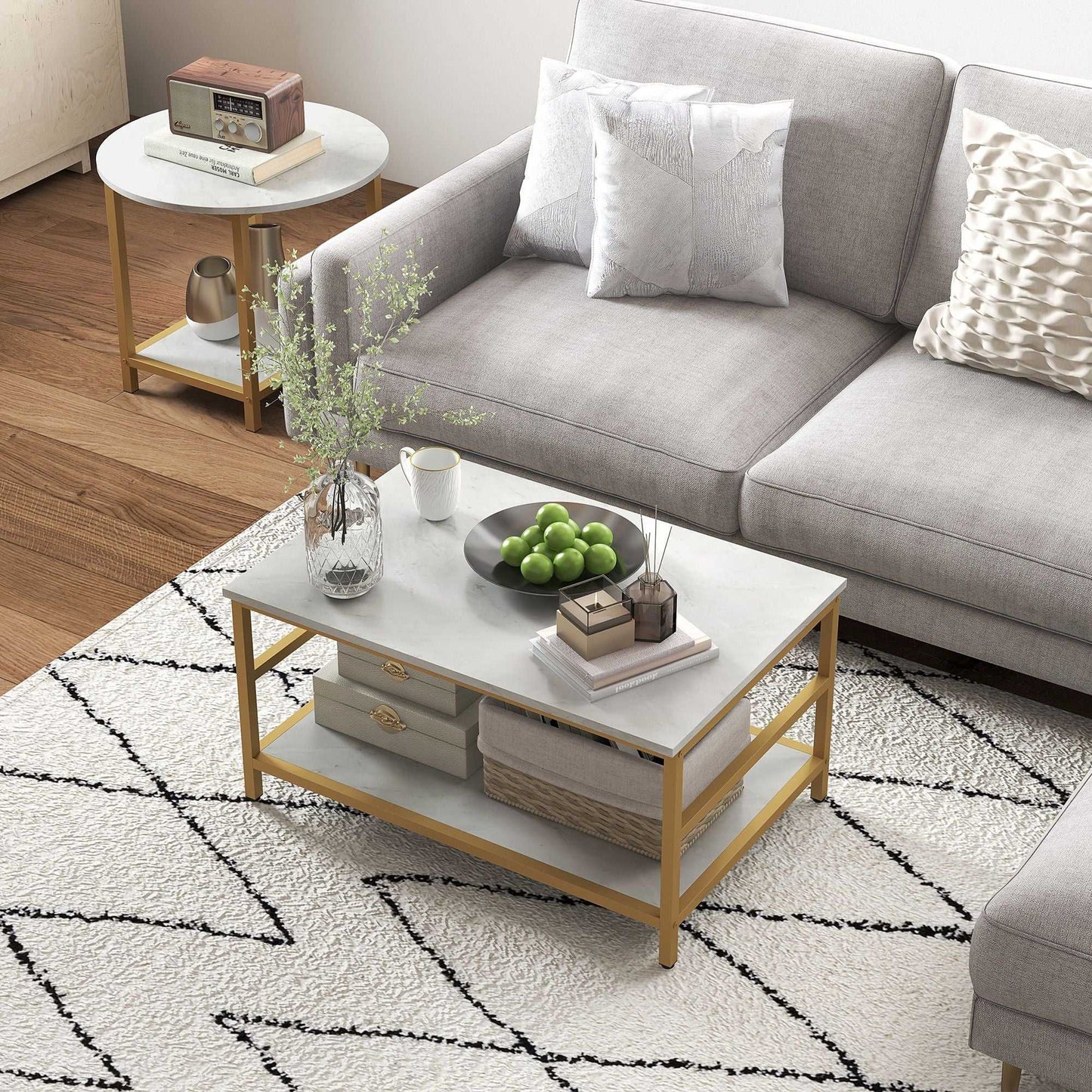 Coffee Tables Sets of 2, Rectangle and Round Coffee Table with Storage Shelves, Faux Marble Top, Living Room Table Set, White - luxuryhomedecoridea.com